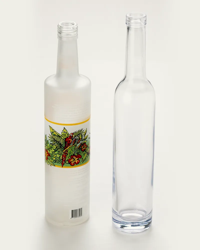 Clear and decorated glass bottles showing bottle form and surface decoration