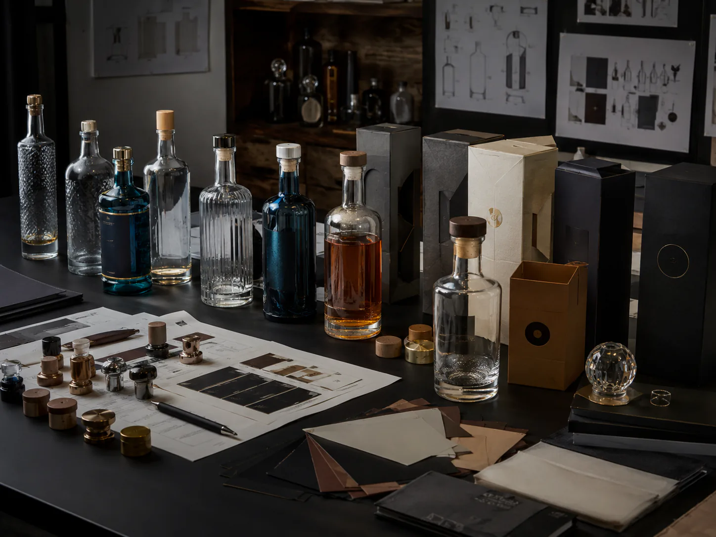 Glass bottles, closures and presentation boxes arranged for a spirits packaging project